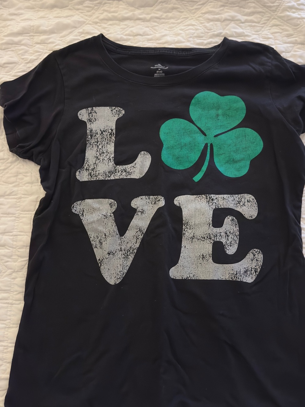 Black LOVE Graphic Tee with Green Shamrock